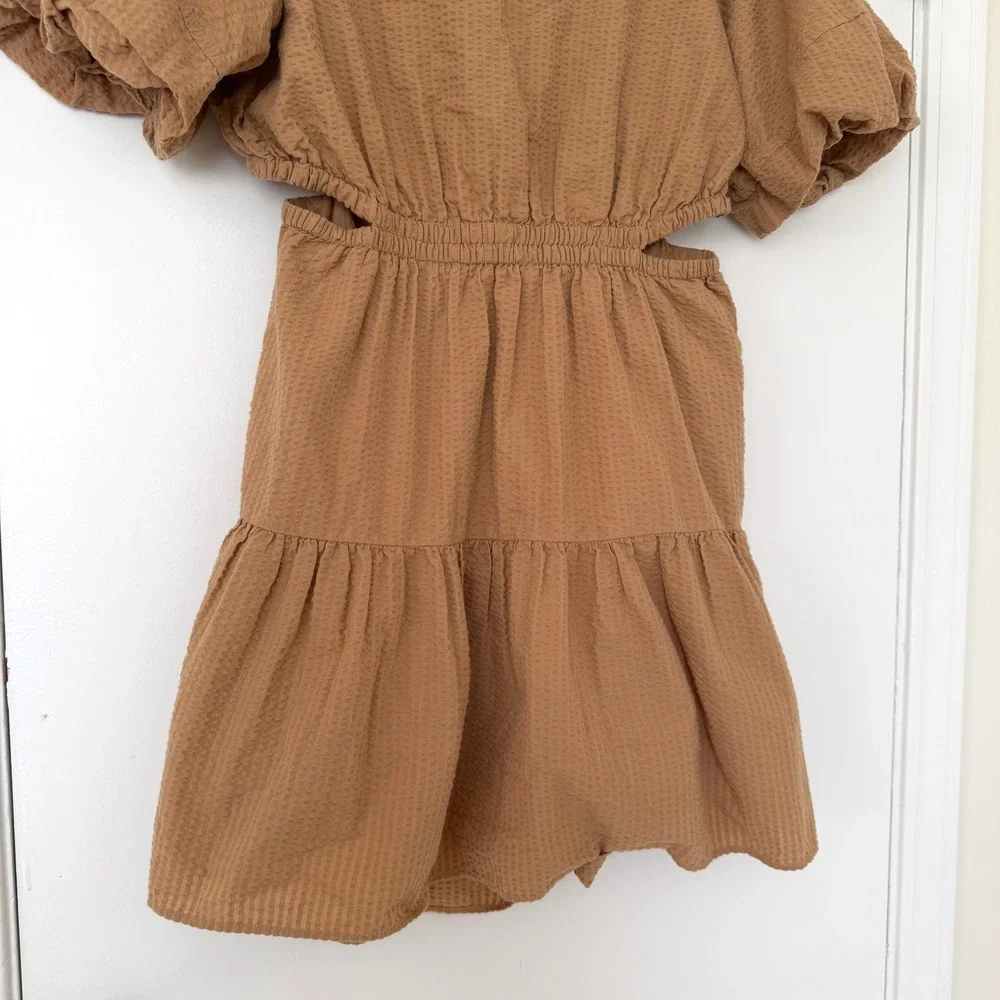 Madewell Seersucker Cutout Tiered Mini Dress Tawny Brown Puff Sleeve XL NE614 - Picture 4 of 10